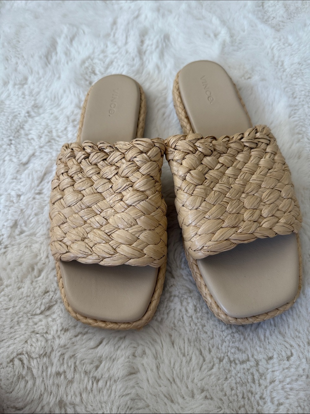 Vince Woven Slide Mules in Beige/Natural size 9